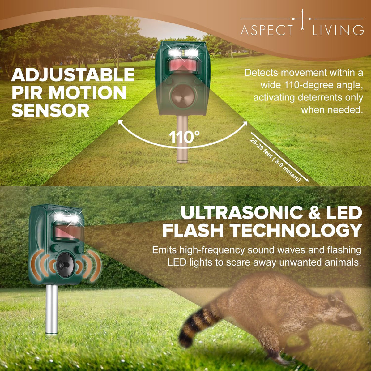 Aspect Living Solar Ultrasonic Repellent LED flash deters animals visibly
