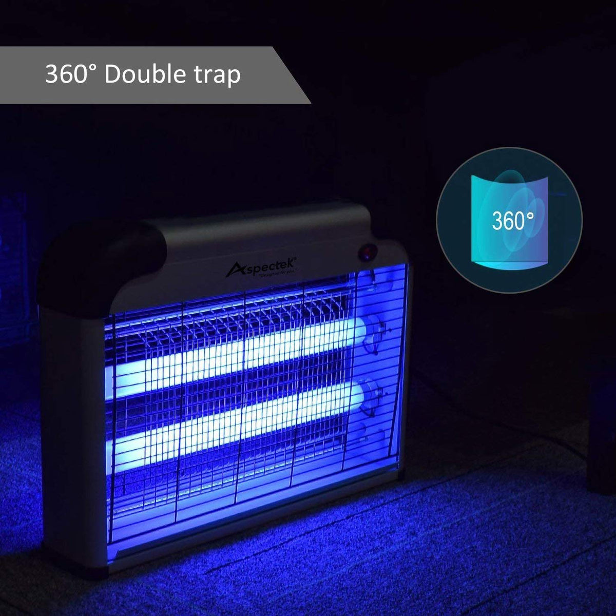 Aspectek 20W bug zapper installation-hang image showing chain hooks for wall or ceiling placement.