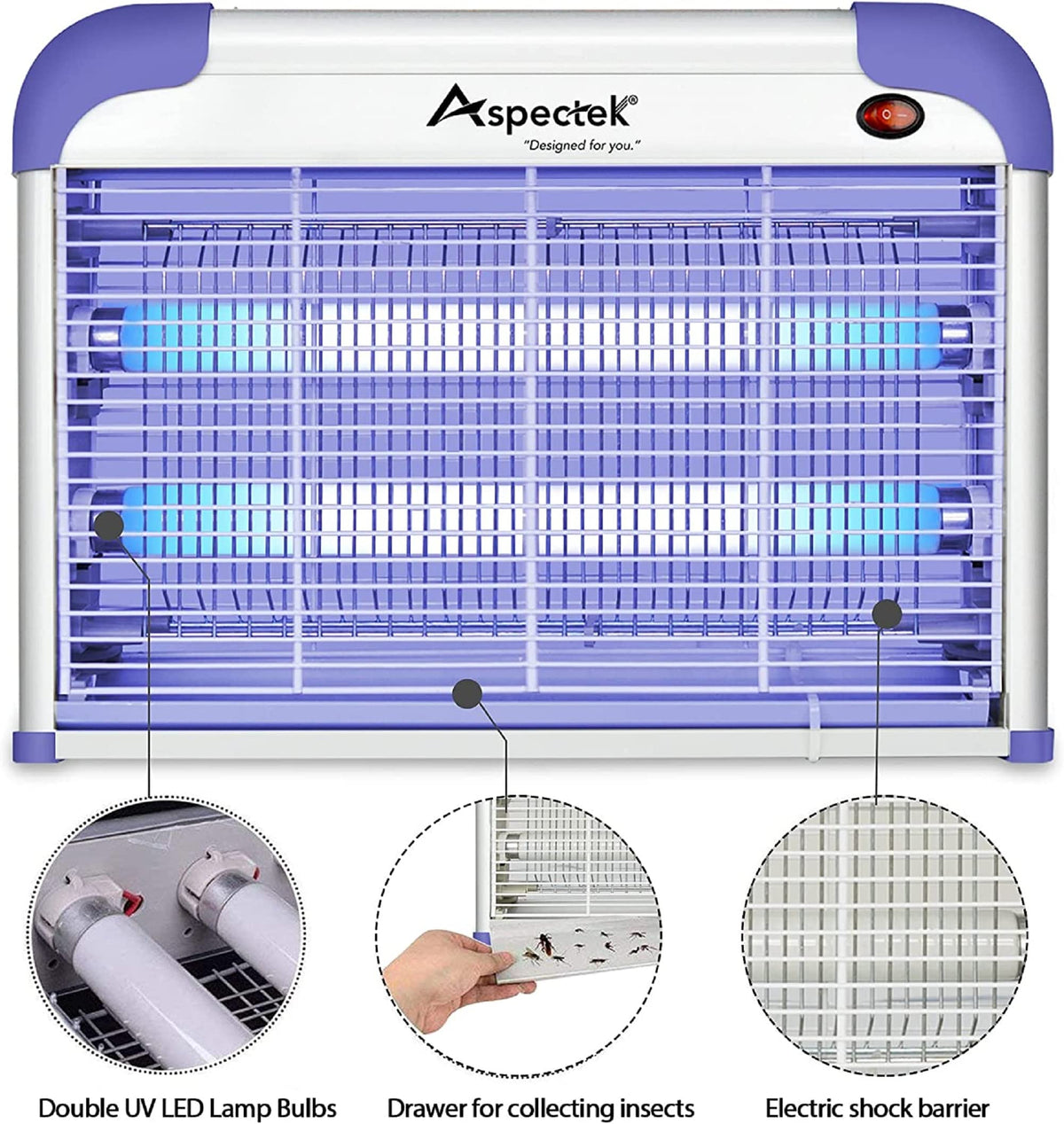 ASPECTEK 20W UV lamp image with 365nm glow attracting insects indoors