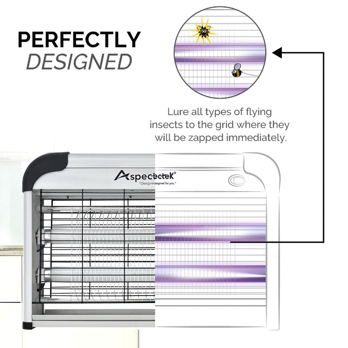 Aspectek Insect Killer 2-pack bulbs beside the device for easy replacement