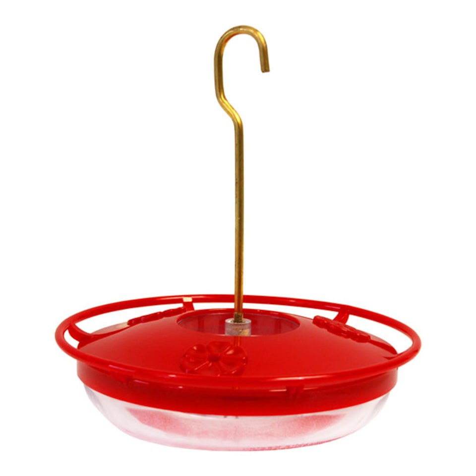 Aspects 430 Hummzinger feeder front view shows red cap for nectar monitoring.