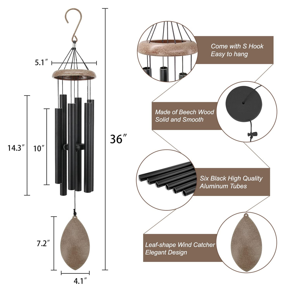 ASTARIN wind chime uses heavy-duty nylon cord and beech striker for clarity.