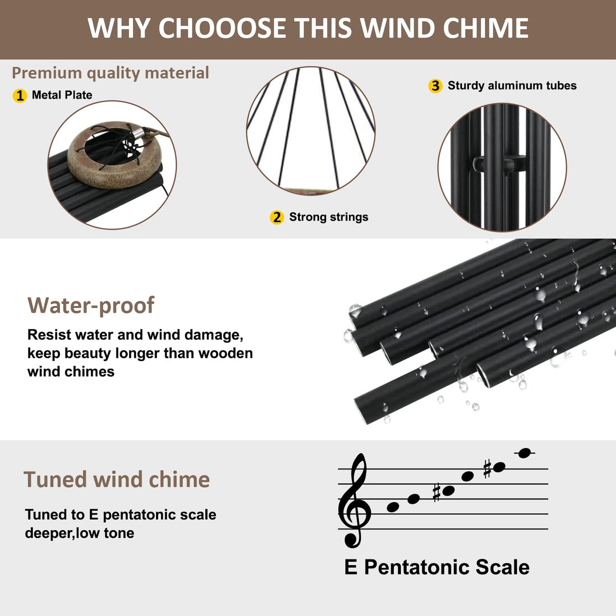ASTARIN wind chime with leaf-shaped wind catcher adds natural charm.