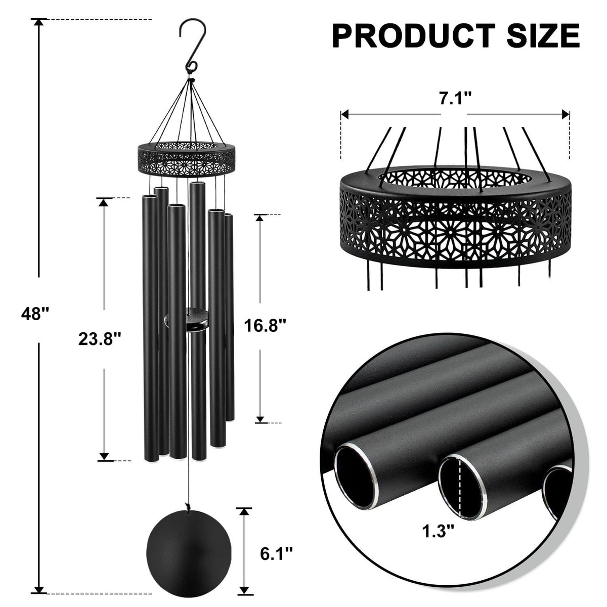 ASTARIN wind chimes six tubes close-up highlighting tuned tubes for rich melodies.