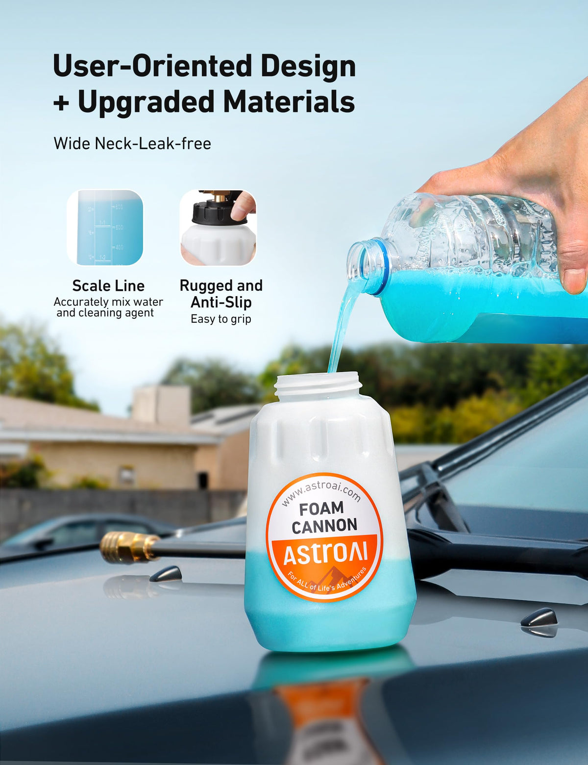 AstroAI foam cannon produces dense foam for thorough coverage on surfaces.