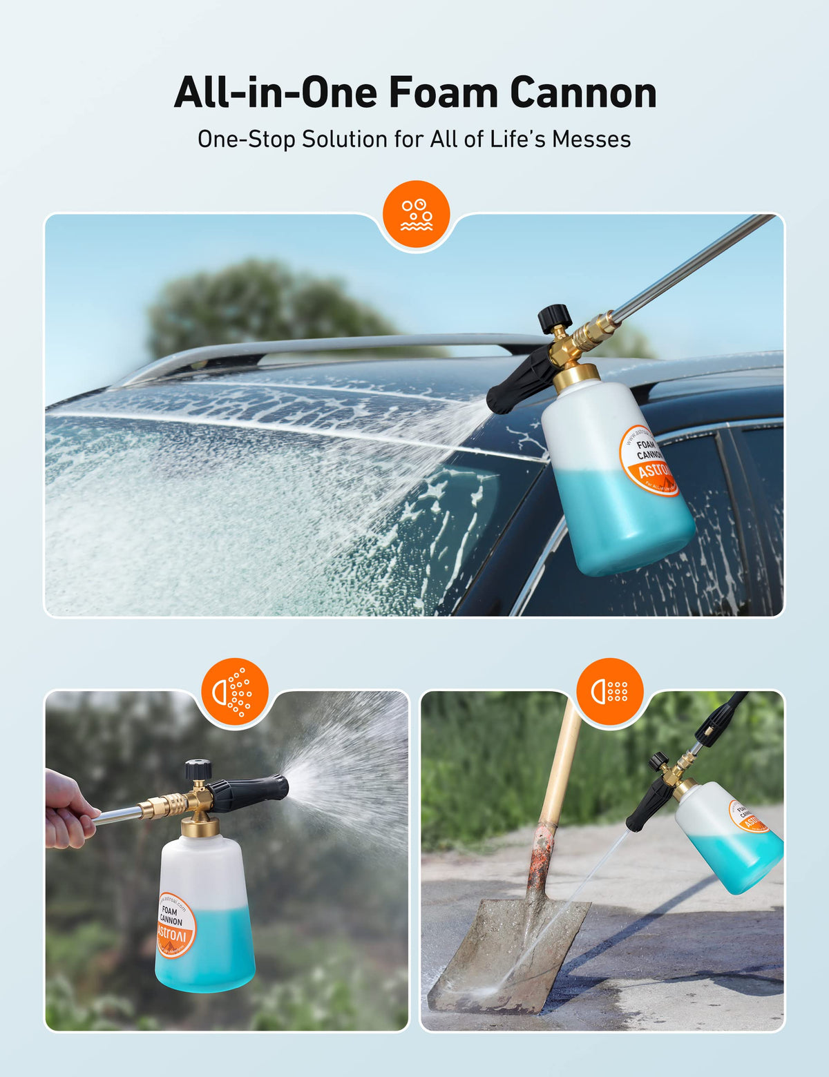 AstroAI foam cannon works with 1000–3000 PSI pressure washers.