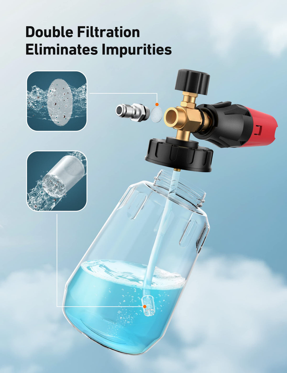 AstroAI foam cannon side angle highlighting adjustable nozzle for thick foam.