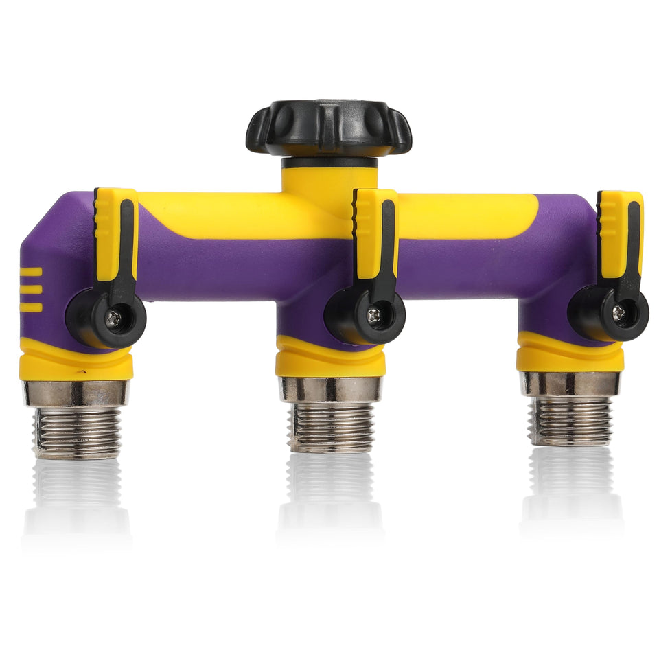 ATAOSGR 3-way hose splitter in purple and yellow enhances garden watering versatility