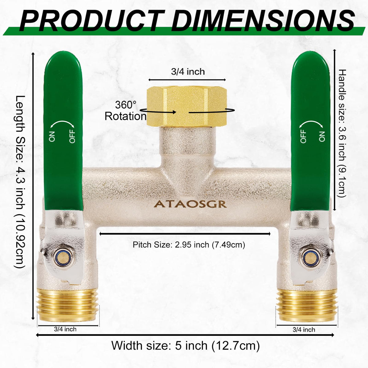 ATAOSGR two-way hose splitter with independent shutoffs for separate hoses.