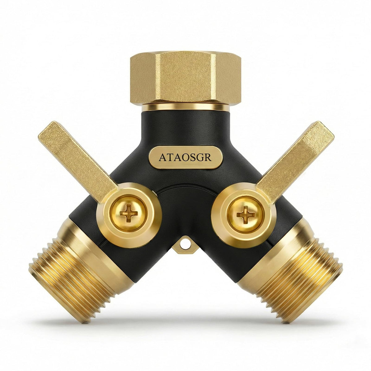ATAOSGR hose splitter with metal body offers durable 2-way outdoor irrigation.