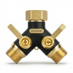 ATAOSGR hose splitter with metal body offers durable 2-way outdoor irrigation.