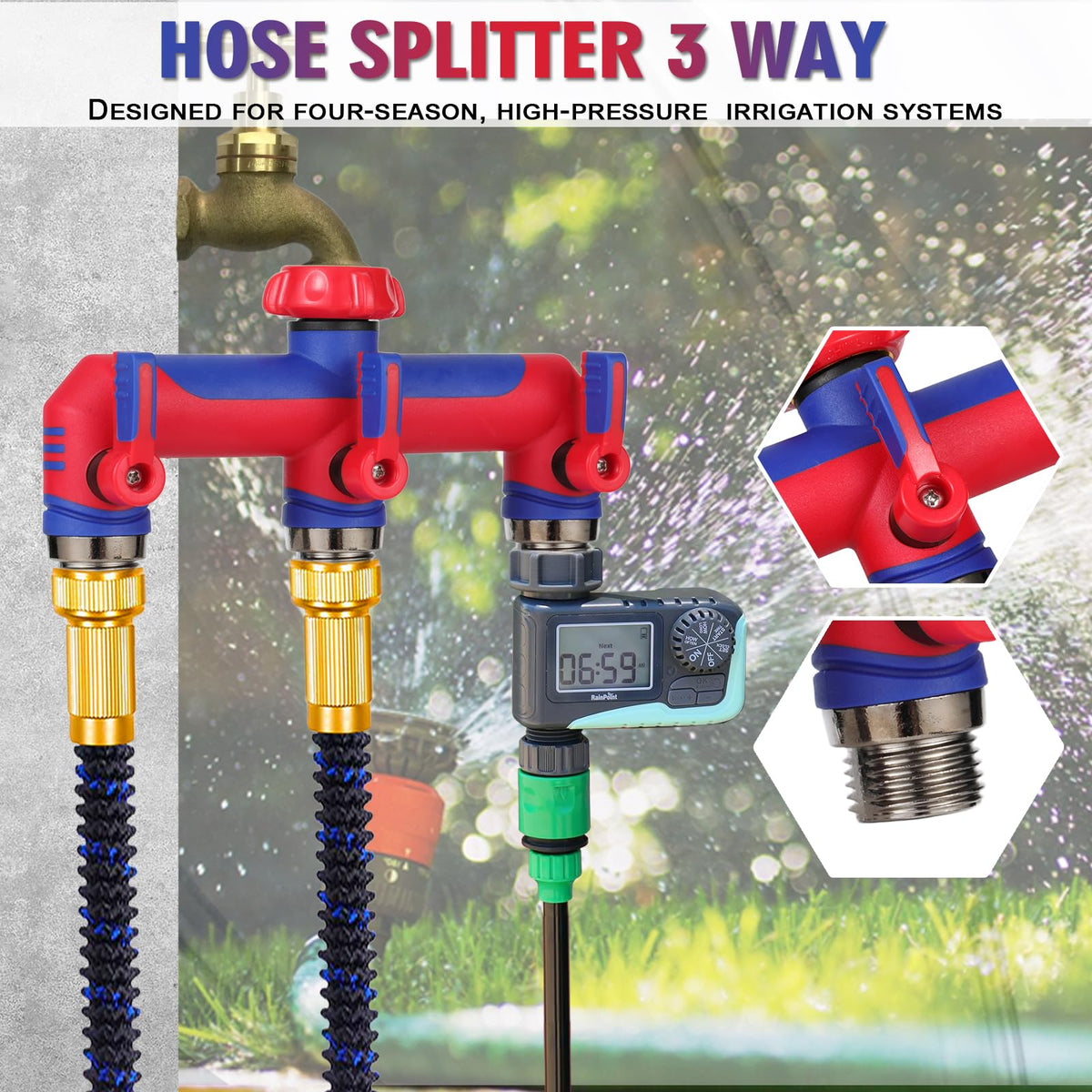 In-use scene demonstrates split water to multiple hoses for irrigation and washing tasks