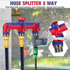 In-use scene demonstrates split water to multiple hoses for irrigation and washing tasks
