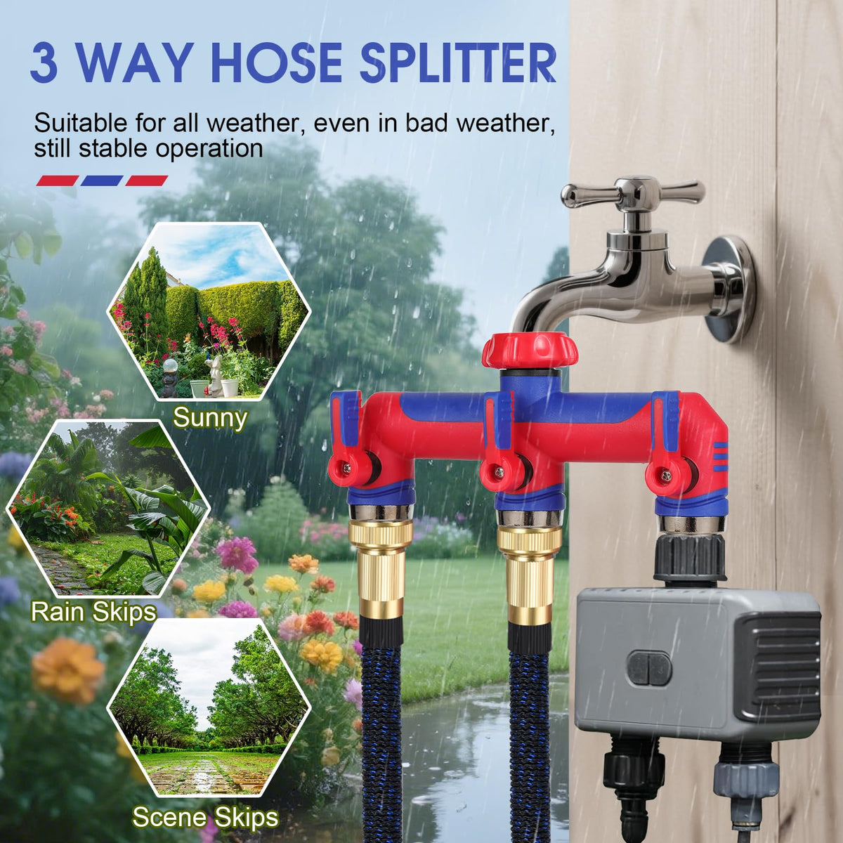 Bold red-blue design adds visual appeal while organizing outdoor watering setups