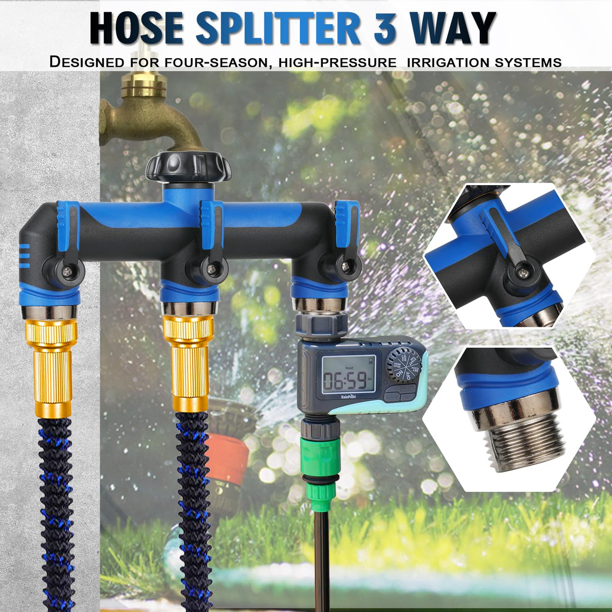 ATAOSGR three-outlet splitter with 2-inch spacing fits multiple hoses.