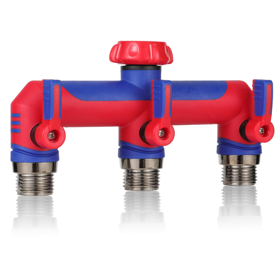 ATAOSGR three-way hose splitter in red and blue for versatile garden watering