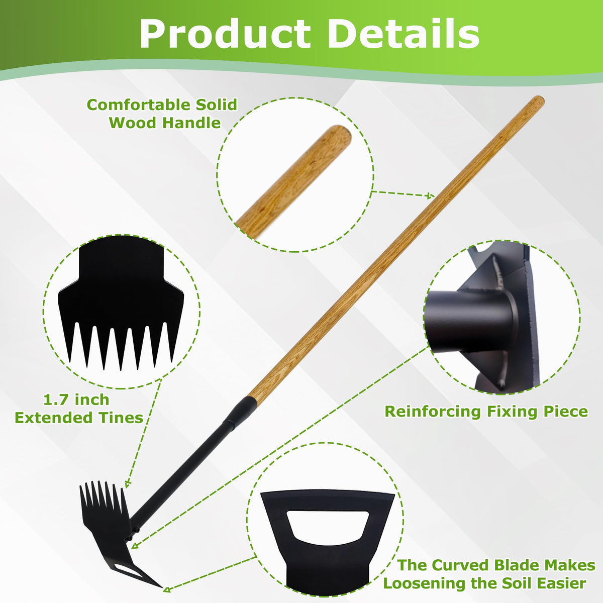 ATFVERDEX 7-tine weed rake highlights precise root removal and durability