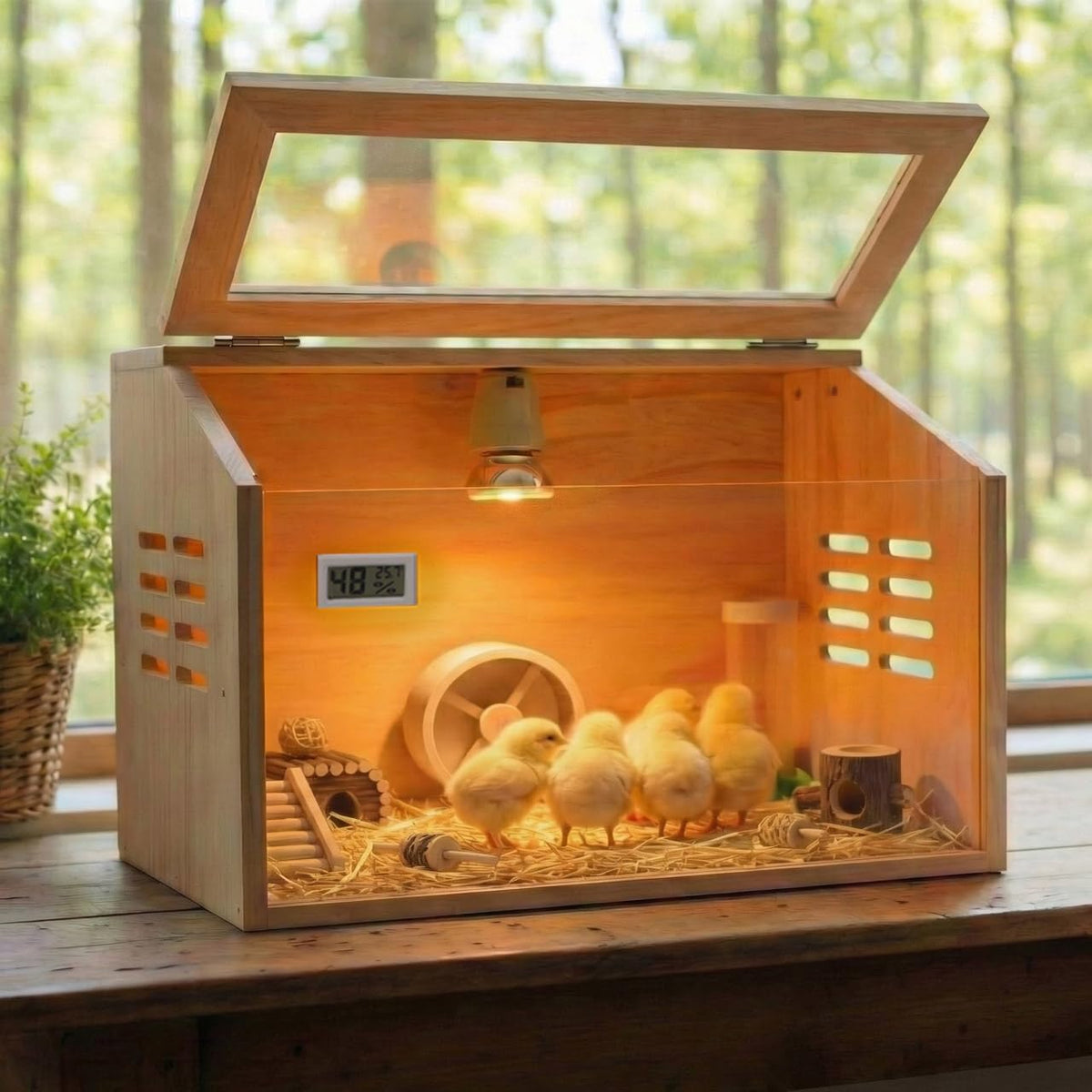 ATHCOHT Brooder Box front view showing warm space for chicks with easy access.