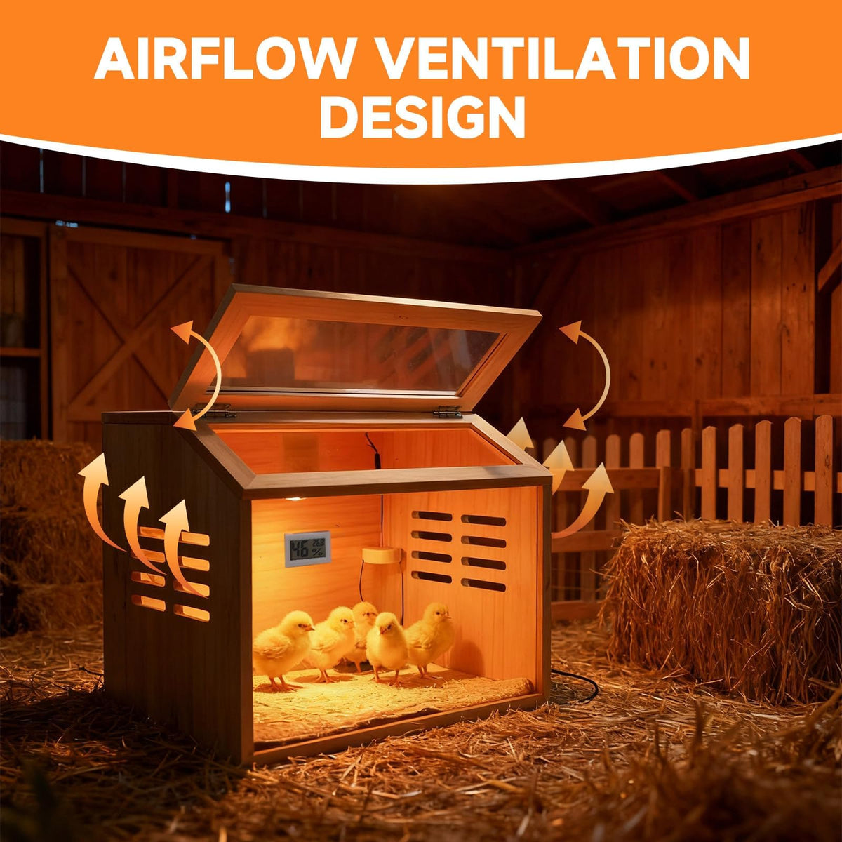 ATHCOHT Brooder Box side view highlights ventilation and sturdy pine construction.