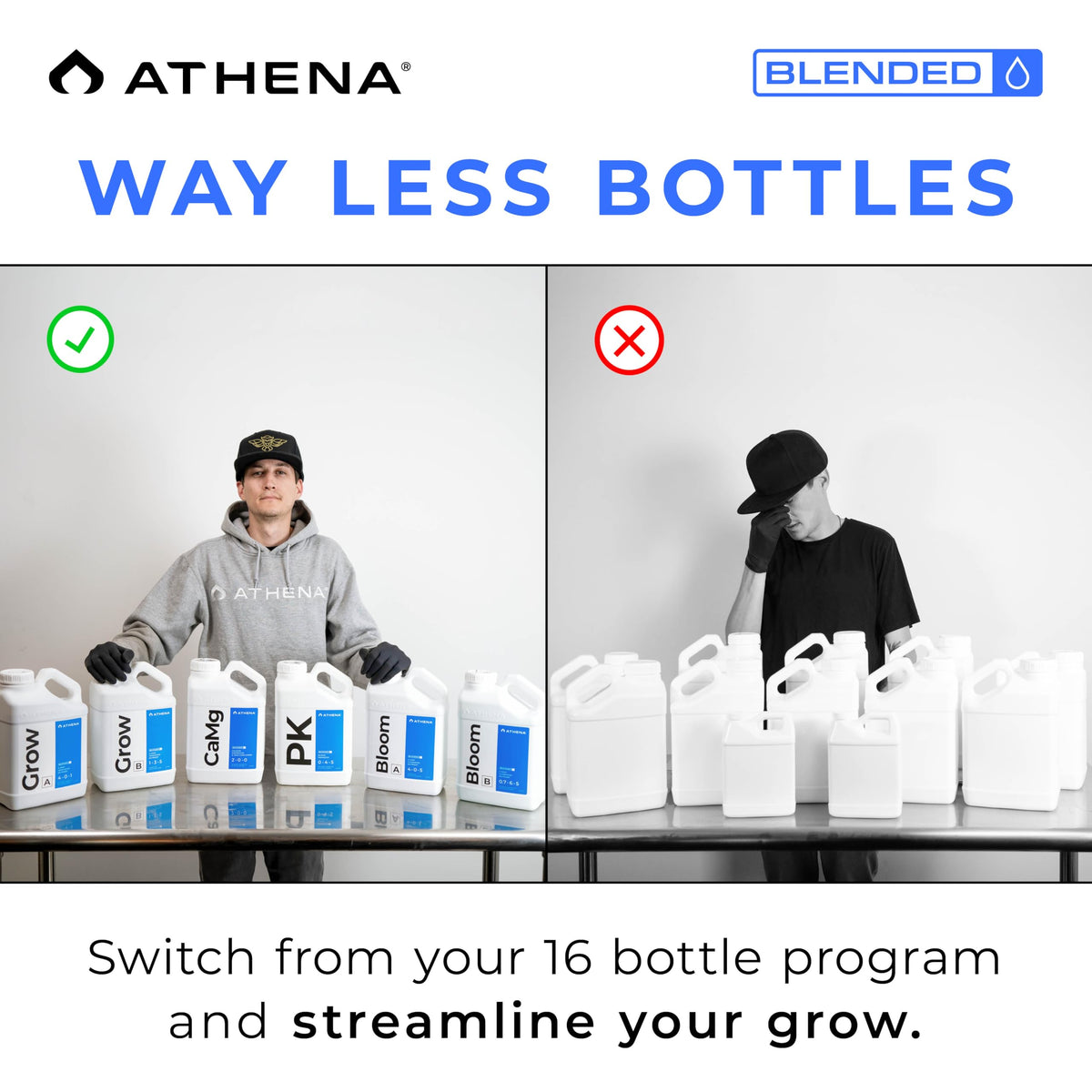 Close-up of Athena Blended Bloom A&B label highlighting NPK ratios.