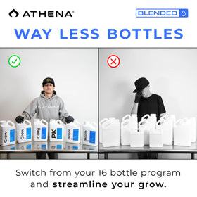 Close-up of Athena Blended Bloom A&B label highlighting NPK ratios.