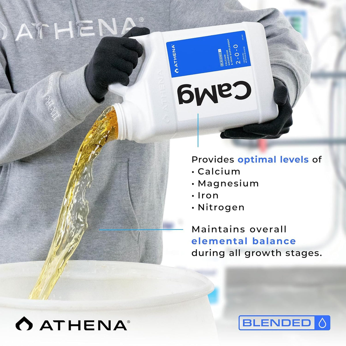 Athena CaMg label closeup highlighting the product formula and usage.