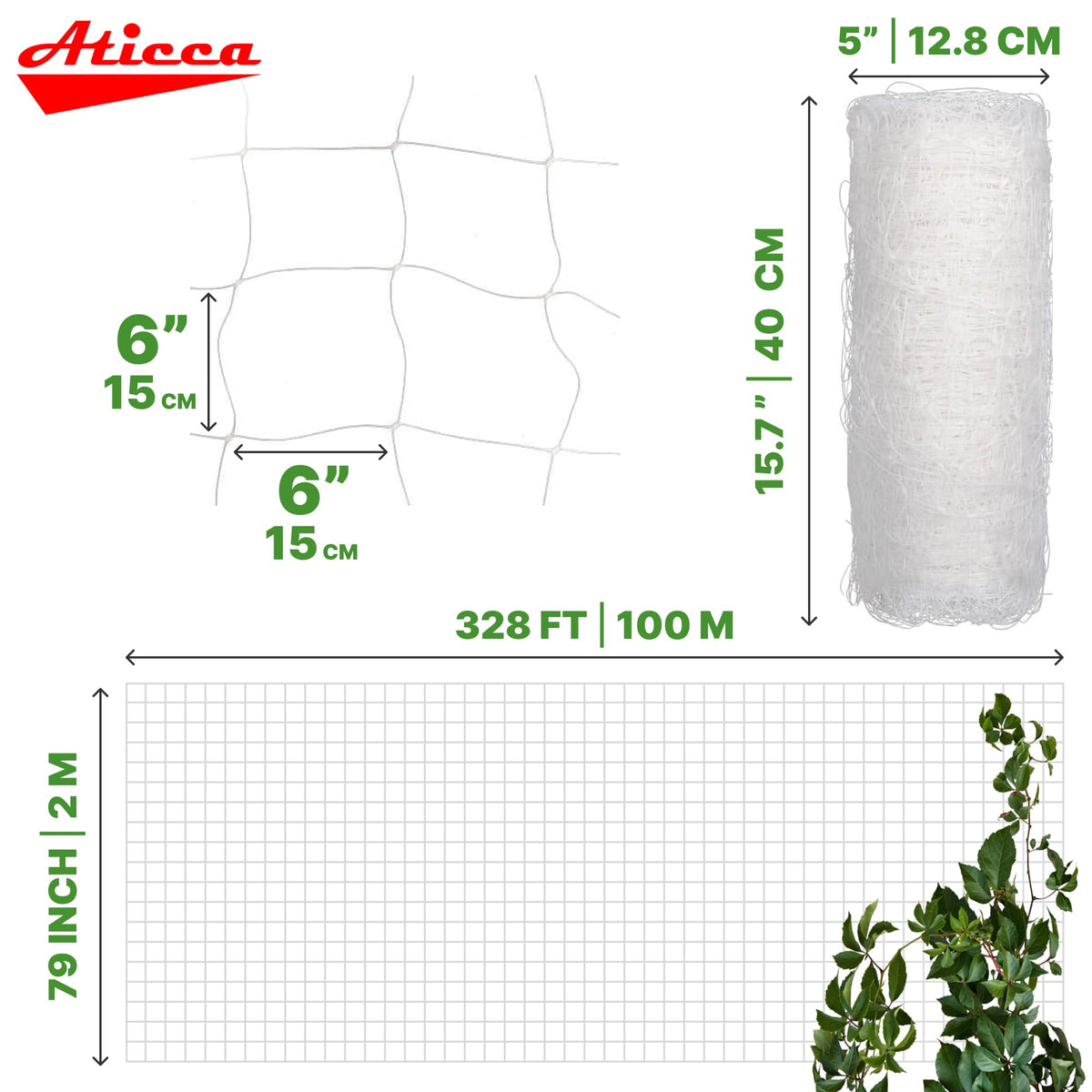 ATICCA garden netting with 6-inch mesh, close-up showing durable construction.