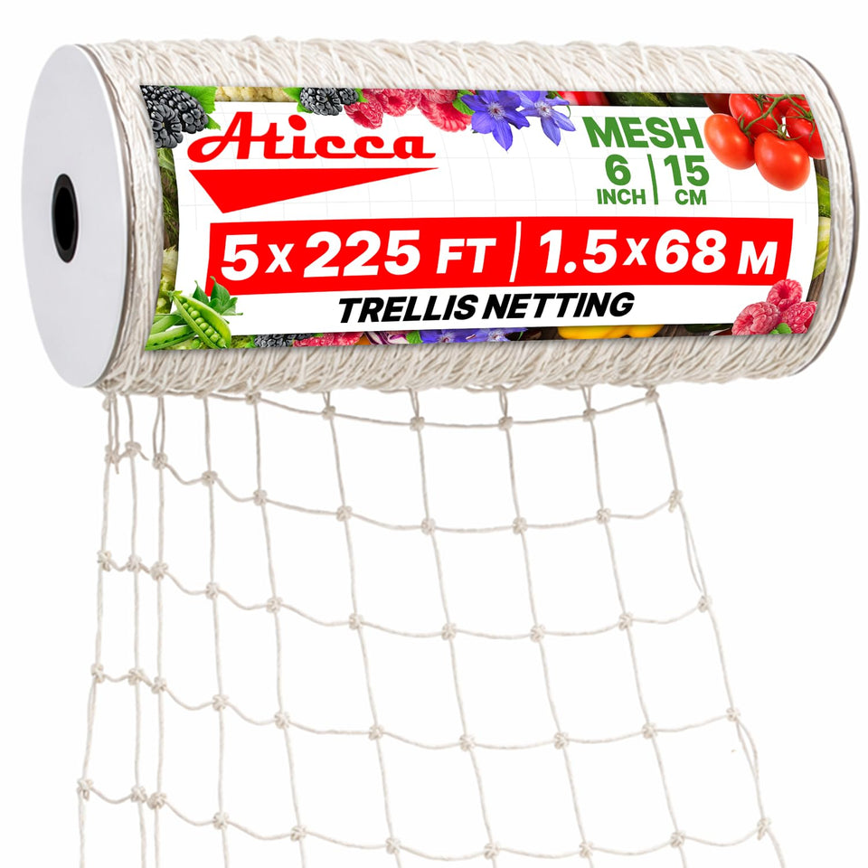 ATICCA Trellis Netting roll in white provides strong plant support for climbing vegetables.