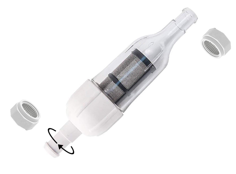 ATIE inline filter assembly for Polaris with clear housing showing debris