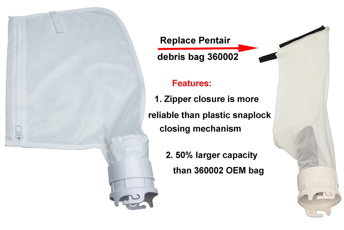 ATIE pool cleaner bag showing 50% larger capacity for sand and leaves.