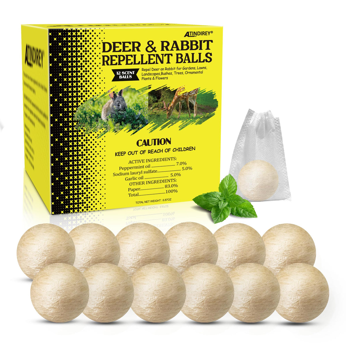Atindirey deer and rabbit repellent ball packaging for simple outdoor protection.