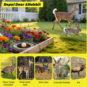 Atindirey ball placed in yard to deter deer and rabbits naturally.