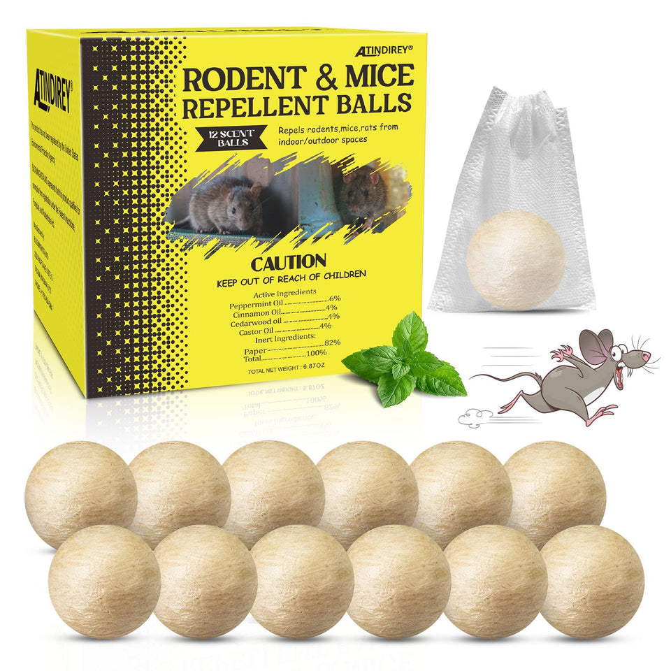 Atindirey peppermint rodent repellent ball pack deters mice with a long-lasting scent.