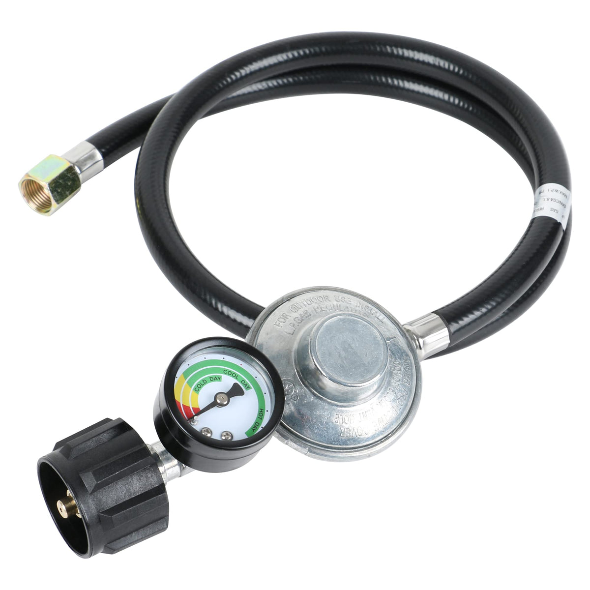 ATKKE propane hose regulator with gauge for precise fuel monitoring during grilling.