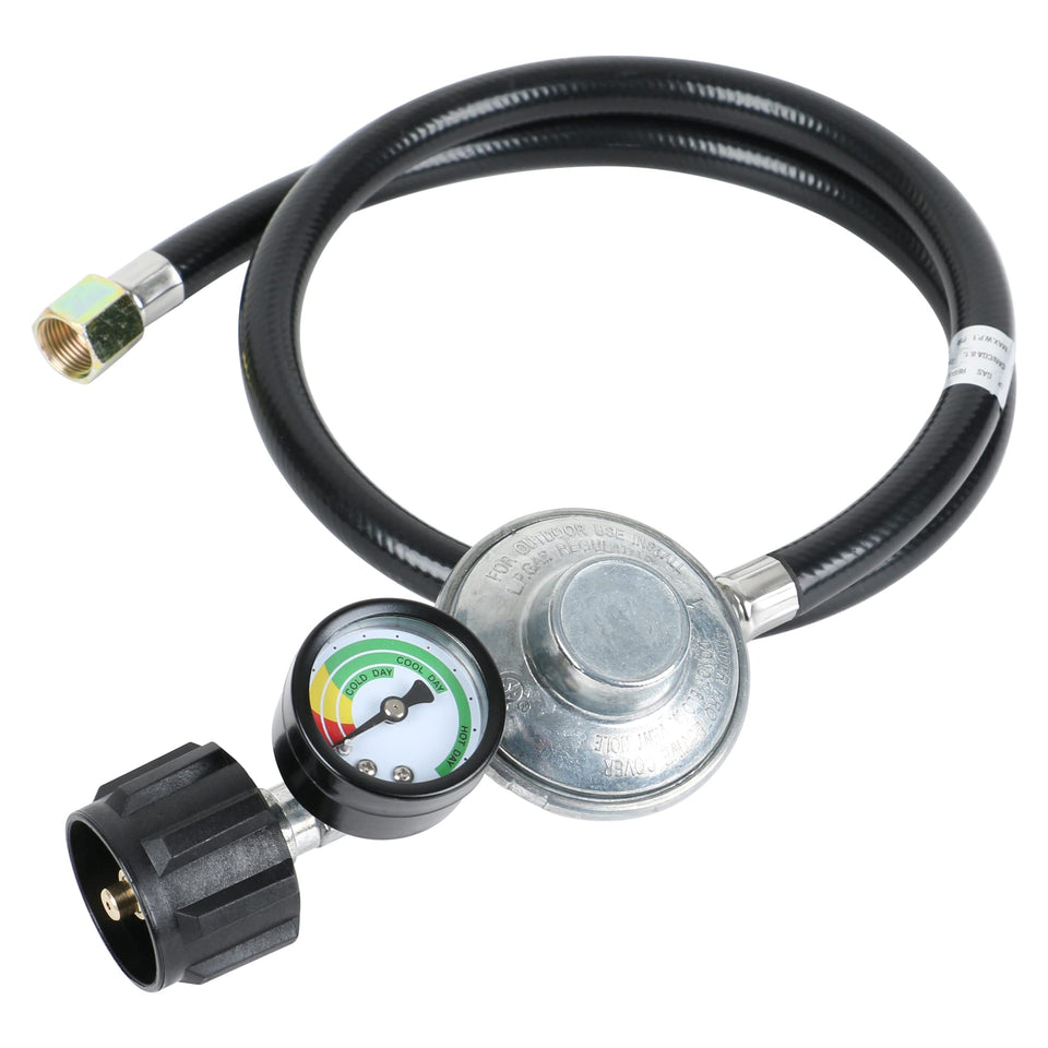 ATKKE propane hose regulator with gauge for precise fuel monitoring during grilling.