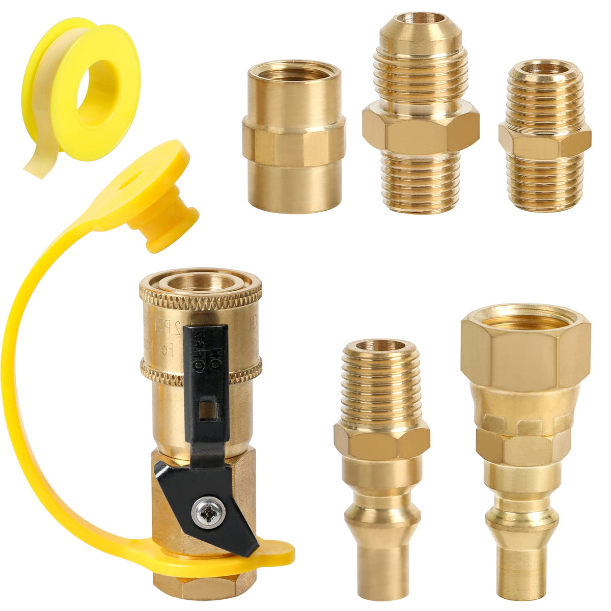 ATKKE RV propane quick connect kit components laid out for easy installation.