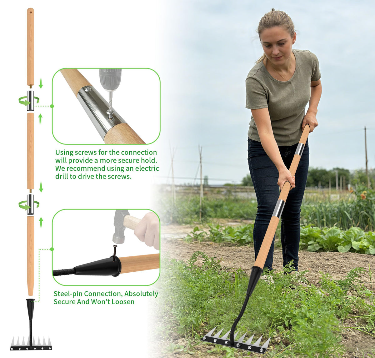 Full-length ATLRGISL 56-inch wooden handle on weed rake in garden