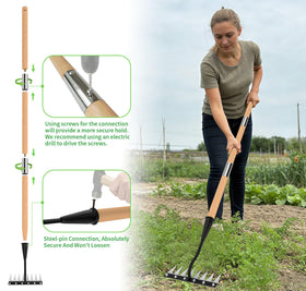 Full-length ATLRGISL 56-inch wooden handle on weed rake in garden
