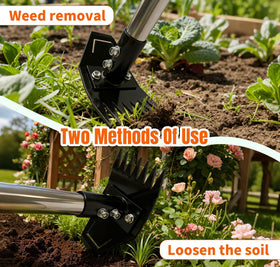 ATLRGISL dual-head weed tool showing rake and hoe for versatile soil work