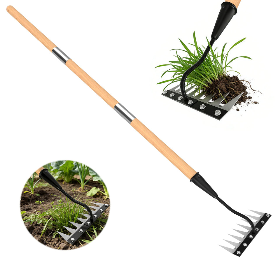 ATLRGISL iron weeding rake with wide head and 8 tines for deep root removal