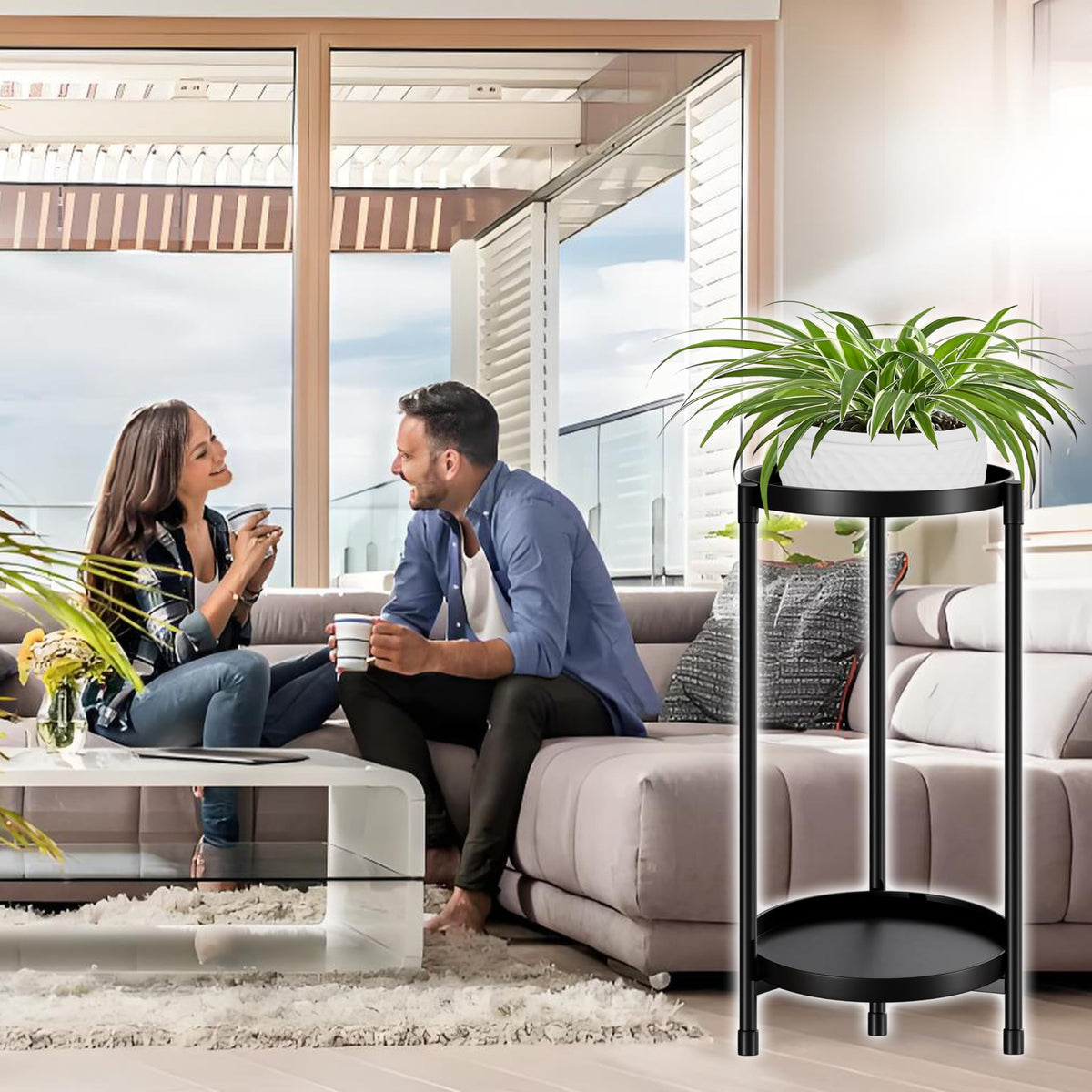 Atpddpey black 2-tier plant stand enhances home decor and plant organization.