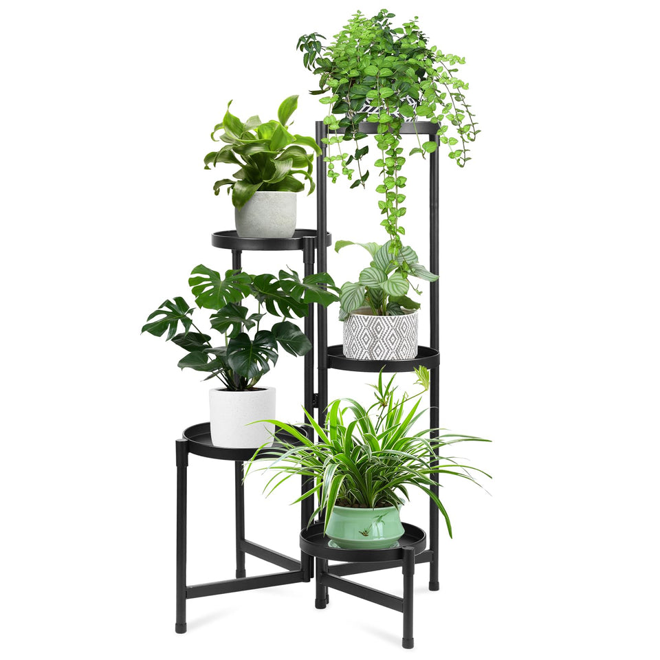 Atpddpey 5-tier plant stand in black metal organizing multiple plants indoors