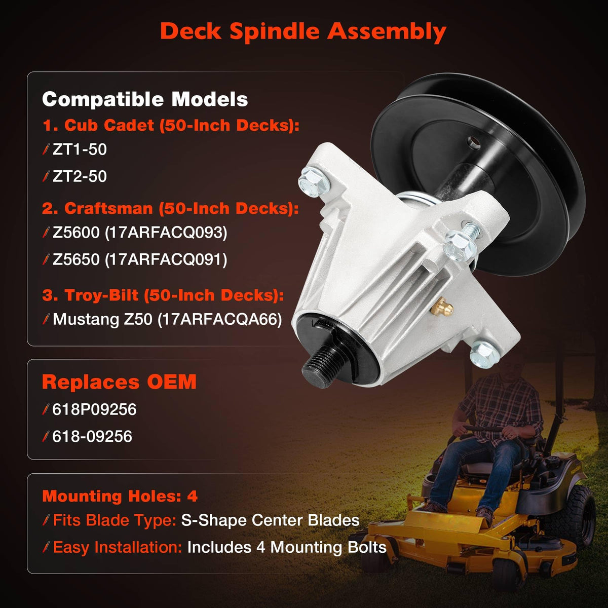 ATRACYPART deck spindle assembly for Cub Cadet ZT2-50 reduces vibration during mowing
