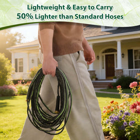 Aterr garden hose coiled neatly for compact storage after use.