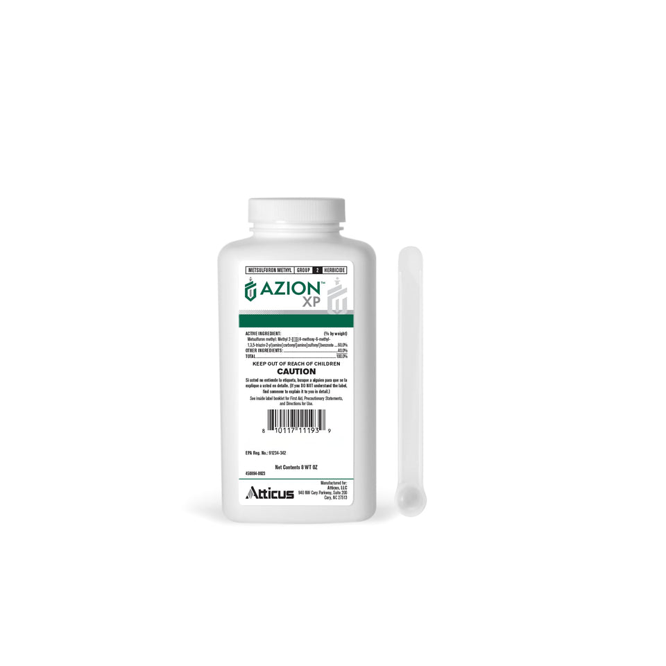 Atticus Azion XP bottle with label showing selective weed control in turf