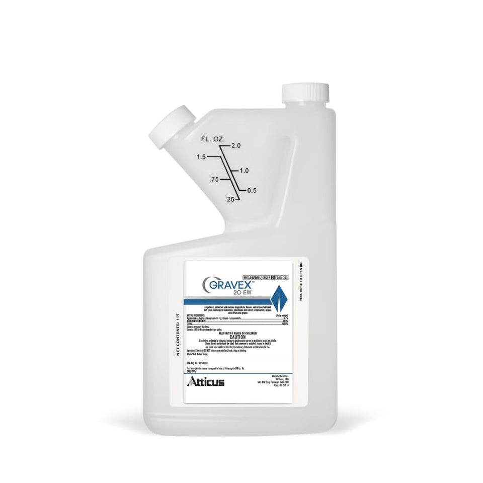 Atticus Gravex 20EW fungicide bottle for lawn and landscape protection against turf fungi