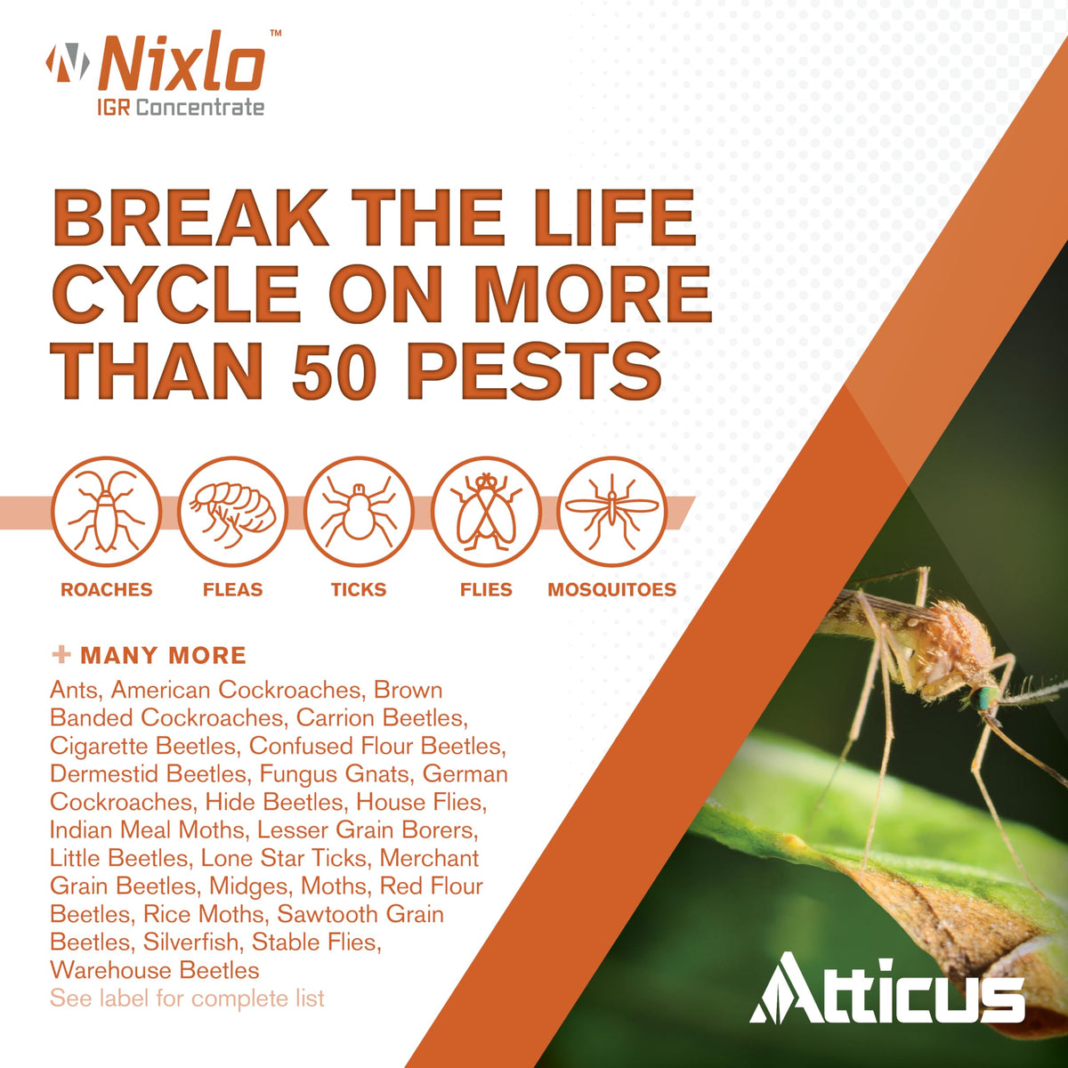 Atticus Nixlo IGR Concentrate label highlights 10% pyriproxyfen and usage directions.
