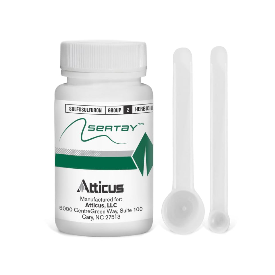 Atticus Sertay bottle label highlights 75% sulfosulfuron for southern lawn weed control
