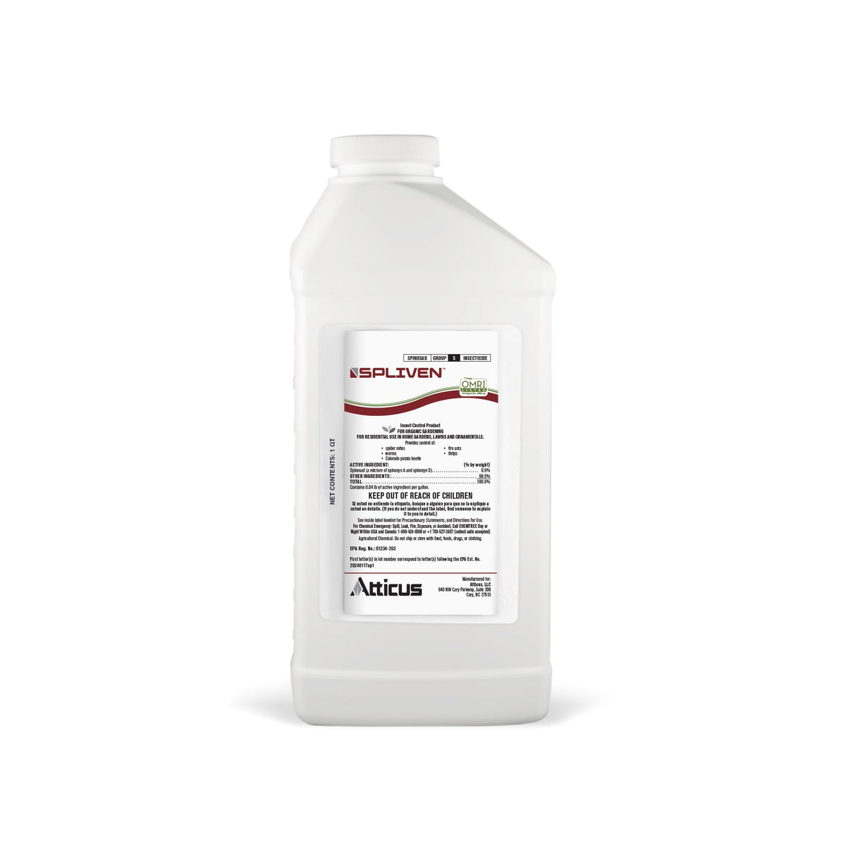 Atticus Spliven organic insecticide bottle for garden pest control.