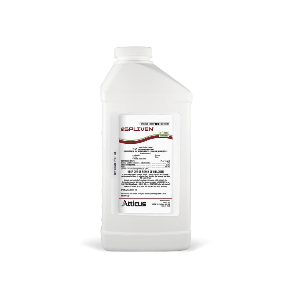 Atticus Spliven organic insecticide bottle for garden pest control.